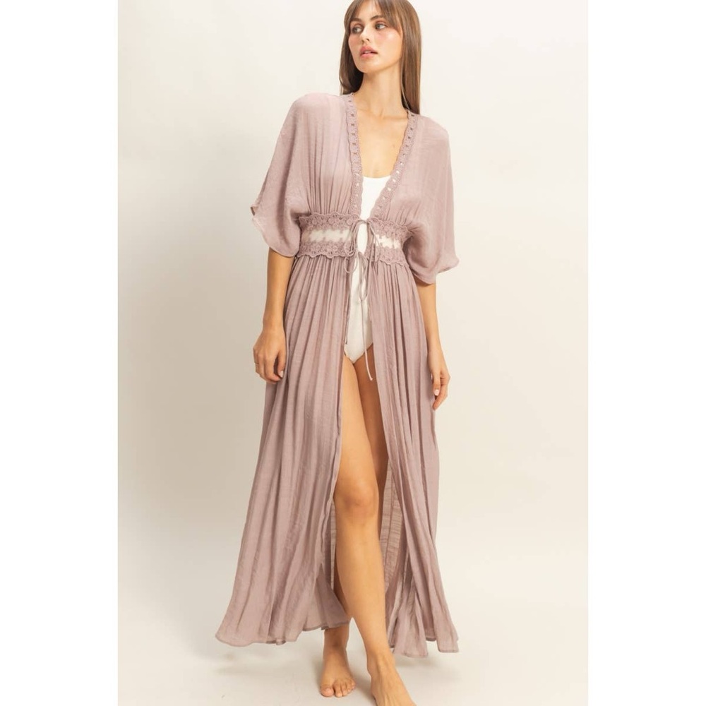 Boutique FAVLUX Lace Duster Kimono Coverup Dark Mauve Size M - Picture 2 of 13
